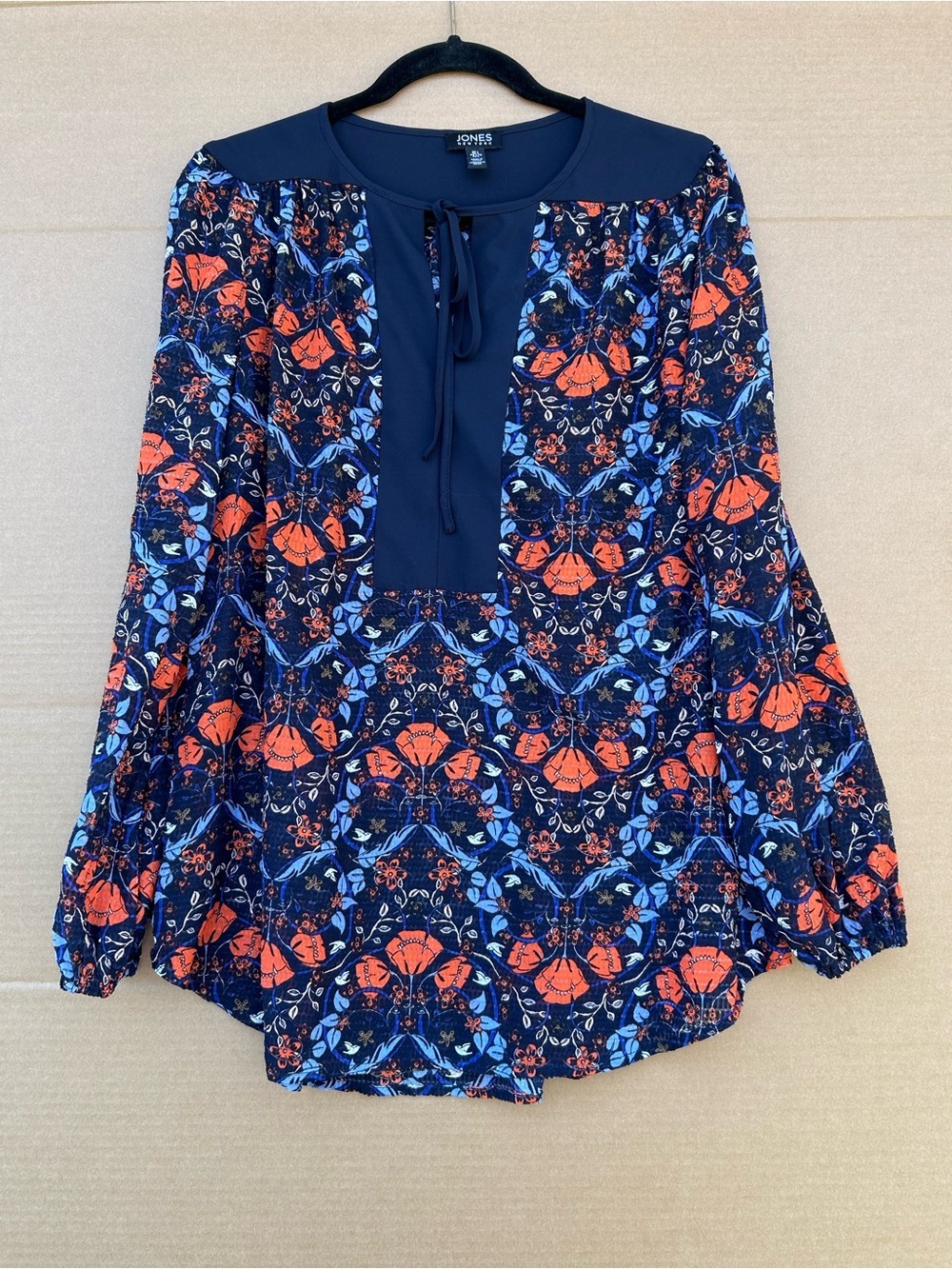 Jones NY Floral Split Neck Blouse Workwear Boho Navy Orange Large Cottagecore